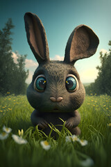 Wall Mural - A cute smiling easter bunny sitting in green grass