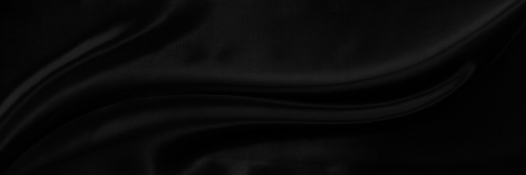 Fototapete - Black gray satin dark fabric texture luxurious shiny that is abstract silk cloth panorama background with patterns soft waves blur beautiful.