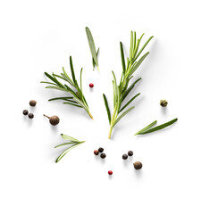fresh green organic rosemary leaves and peper isolated on white background. transparent background a