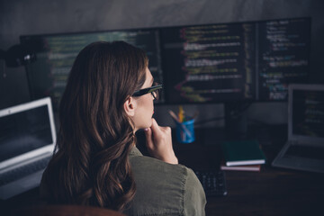 Wall Mural - photo of serious thoughtful lady hacker wear eyeglasses writing app code modern gadget indoors workp