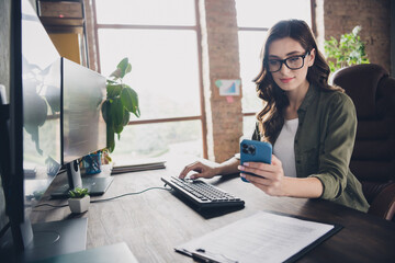 Wall Mural - profile photo of smart agent girl sitting chair keyboard typing use telephone open space indoors