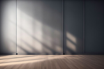 empty light dark wall with beautiful chiaroscuro and wooden floor. minimalist background for product