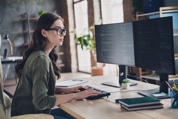 Wall Mural - photo of busy serious lady content manager wear eyeglasses testing secure system indoors workplace w