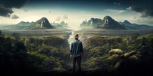 A Man Standing On A Cliff Looking At A Mountain Valley With A River Running Through It Cinematic Matte Painting A Matte Painting Magical Realism