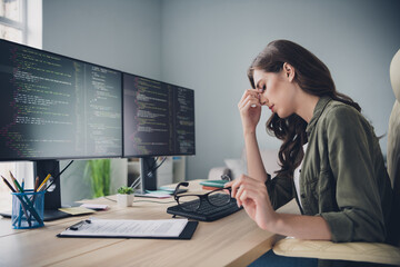 Wall Mural - profile side photo of upset sad lady hardware expert has work problem trying to fix failure heavy da