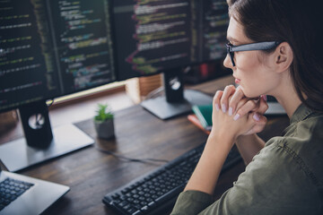 Wall Mural - cropped photo of successful confident concentrated focused lady hacker think change program rewrite 