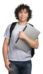 Portrait of young man using laptop isolated on white background