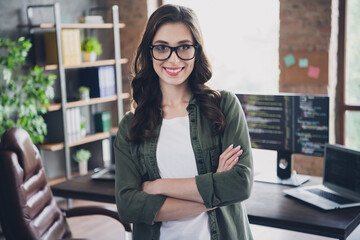 Wall Mural - photo of successful smart lady professional hacker arm folded toothy smile good mood morning break p