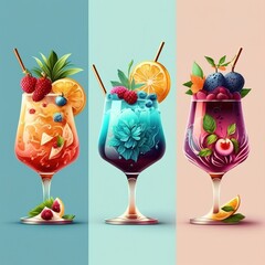 Three different colored glasses with different fruits and drinks in them one is blue one is orange and the other is pink colorful flat surreal design computer graphics lyco art