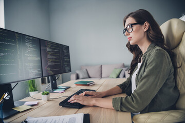 Wall Mural - profile side photo of professional computer expert intelligent smart lady concentrated upgrade site 