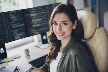 Wall Mural - photo of charming lady software hardware expert sitting comfort chair renew operating system create 