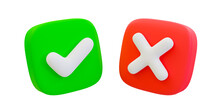3d Minimal Green Tick Check Mark And Cross Mark Symbols. Yes And No, Rejected And Approved. Correct Sign And Wrong Sign, 3d Illustration.