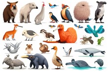 A Group Of Different Animals Standing And Sitting Together On A White Background With A White Background Birds A Storybook Illustration Generative Art