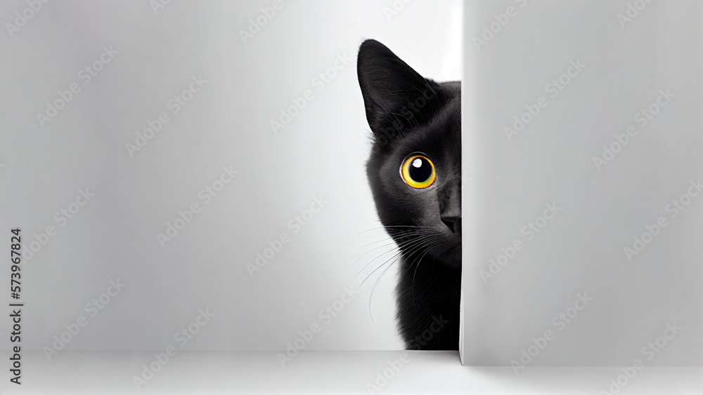 Black kitten peeks out from behind a white wall, Generative AI Stock ...