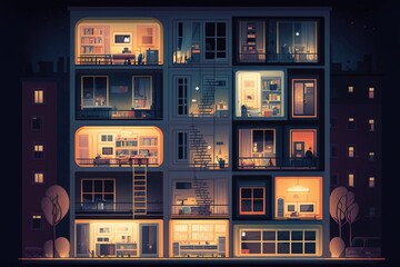 A building with many windows and lights at night time with a lot of windows 2 d game art pixel art pixel art