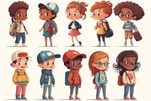 A Group Of Kids Standing In Different Poses With Backpacks And Backpacks On Their Shoulders Character Design A Storybook Illustration Paris School