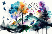 Abstract Digital Watercolor Painting Of A Forest Landscape With Birds, Butterflies And Trees, In Bright Colors Illustration Background. 3d Abstract Wallpaper For Interior Mural Painting Wall Decor. Ai
