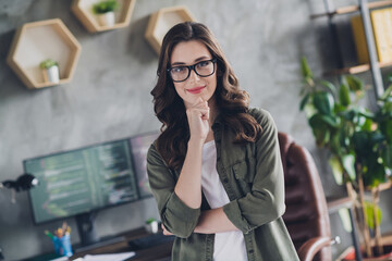 Wall Mural - photo of creative minded executive director girl arm touch chin contemplate open space business cent