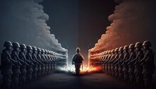 A Man Standing In Front Of A Group Of Storm Troopers In A Dark Room With Smoke Billowing Out Of The Stacks War Poster Art Analytical Art