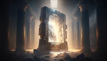 A Large Open Door In A Very Dark Room With Columns And Debris On The Floor Unreal 5 A Detailed Matte Painting Fantasy Art
