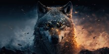 A Wolf Standing In Front Of A Fire Filled Sky With Birds Flying Around It And A Black Background Epic Fantasy Character Art Poster Art Fantasy Art