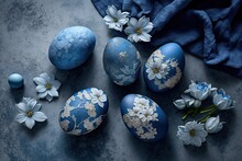  A Group Of Blue Eggs With White Flowers On A Table.  Generative Ai