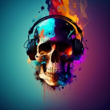 Creative Music Background. Colorful Human Skull Wearing Headphones On Bright Background. Created With Generative AI