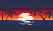 Sunset Tropical Beach With Palm Trees And Sea. Nature Landscape And Seascape. 