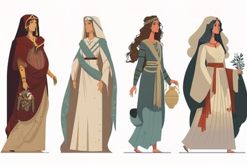 A group of women in ancient greek costumes all wearing different outfits and holding baskets character design concept art process art