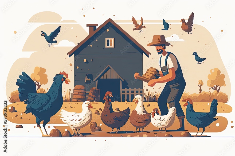 Farmer feeding hens with grain at local countryside farm. Man in the ...