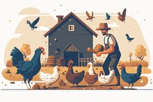 Farmer Feeding Hens With Grain At Local Countryside Farm. Man In The Yard Against The Background Of The Chicken Coop, Flat Cartoon Illustration Generative AI