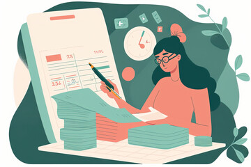 woman submits a tax return to the state department, checking documents in office, flat cartoon illus