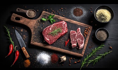  a cutting board topped with meat next to spices and seasonings.  generative ai