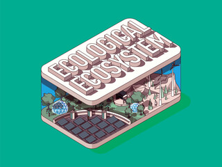 Leinwandbilder - Ecological ecosystem concept in 3d isometric graphic design. Eco friendly alternative energy technology for nature protect. Vector illustration with people in isometric room interior for web banner