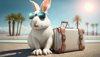 Cute white easter bunny in sunglasses with luggage on vacation at the resort, cartoon. AI generated