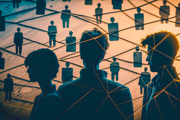 Silhouettes of people intertwined with a thread. The concept of complex relationships between people in society, in a team at work, in the family. Generative AI