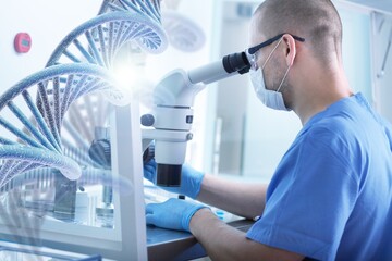 Wall Mural - research concept background with molecule dna and scientist