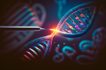 Separation of the cleavage of a DNA site on the example of an abstract model on a red-blue color background. Generative AI