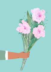  Hand holds out a bouquet of flowers. Watercolor pink roses on turquoise background. Man gives flowers. Women's day card