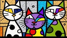  A Painting Of Three Cats With Different Colors And Shapes On A Black Background With A White Cat And A Black Cat With A Yellow, Red, Blue, Green, And Purple, And Orange.  Generative Ai