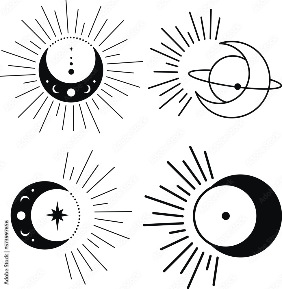Bohemian Crescent Moon with Stars and Rays Astrology Illustration Set ...