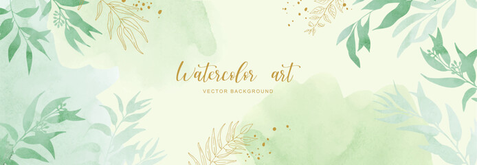 Wall Mural - Green leaves horizontal banner. Wild herbs, eucalyptus leaves, line art on hand drawn splash background. Greenery and organic card or frame. Watercolor style card. Vector illustration.