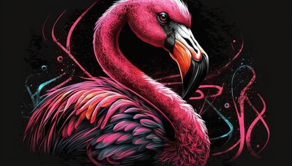  a pink flamingo with a black background and swirls on it's head and neck, standing in front of a black background.  generative ai