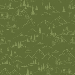 Wall Mural - cute hand drawn seamless pattern with camping doodles, tents, landscape and trails, great for textil