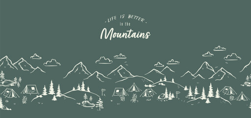 Wall Mural - cute hand drawn seamless pattern with camping doodles, tents, landscape and trails, great for textil
