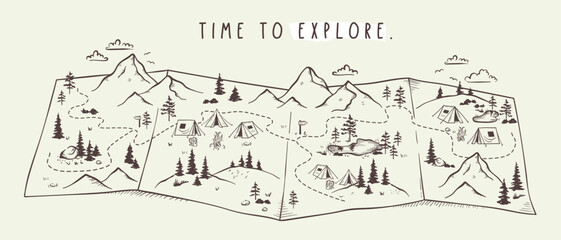 Wall Mural - cute hand drawn seamless pattern with camping doodles, tents, landscape and trails, great for textil