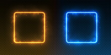 Neon Square Frames, Glowing Borders With Smoke And Sparkles, Ice And Fire Portals Concept. Avatar Frames For Game UI. Vector Illustration.