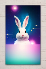 Wall Mural - Easter bunny on abstract neon colorful background with tiny little yellow stars. Generative AI