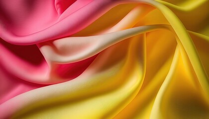 Generative AI, Flowing chiffon fabric texture in light pink and yellow color. Glossy spring banner, material 3D effect, modern macro photorealistic abstract background illustration.	
