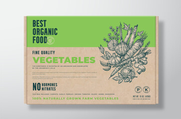 Wall Mural - Organic Vegetables Vector Packaging Label Design on a Craft Cardboard Box Container. Modern Typography and Hand Drawn Herbs, Seasonings, Mushrooms and Vegetables Background Layout